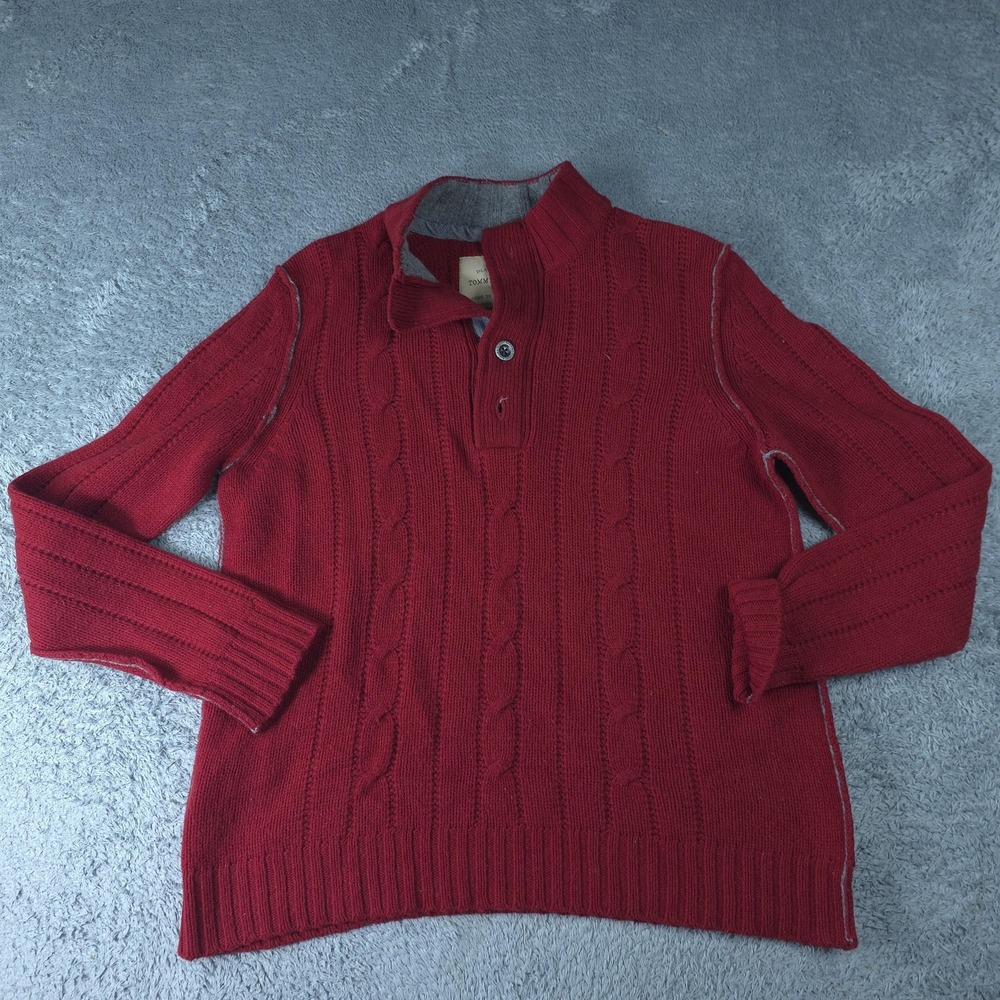 Tommy Bahama Sweater Mens Medium Red Cable Knit Henley Mock Neck Lambswool